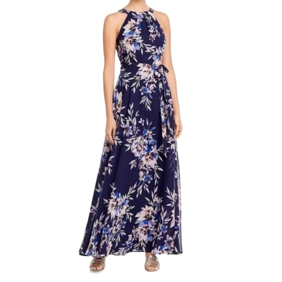 Eliza J Dresses & Skirts - Eliza J Navy Blue Floral Halter Maxi Evening Wedding Party Dress Size 8